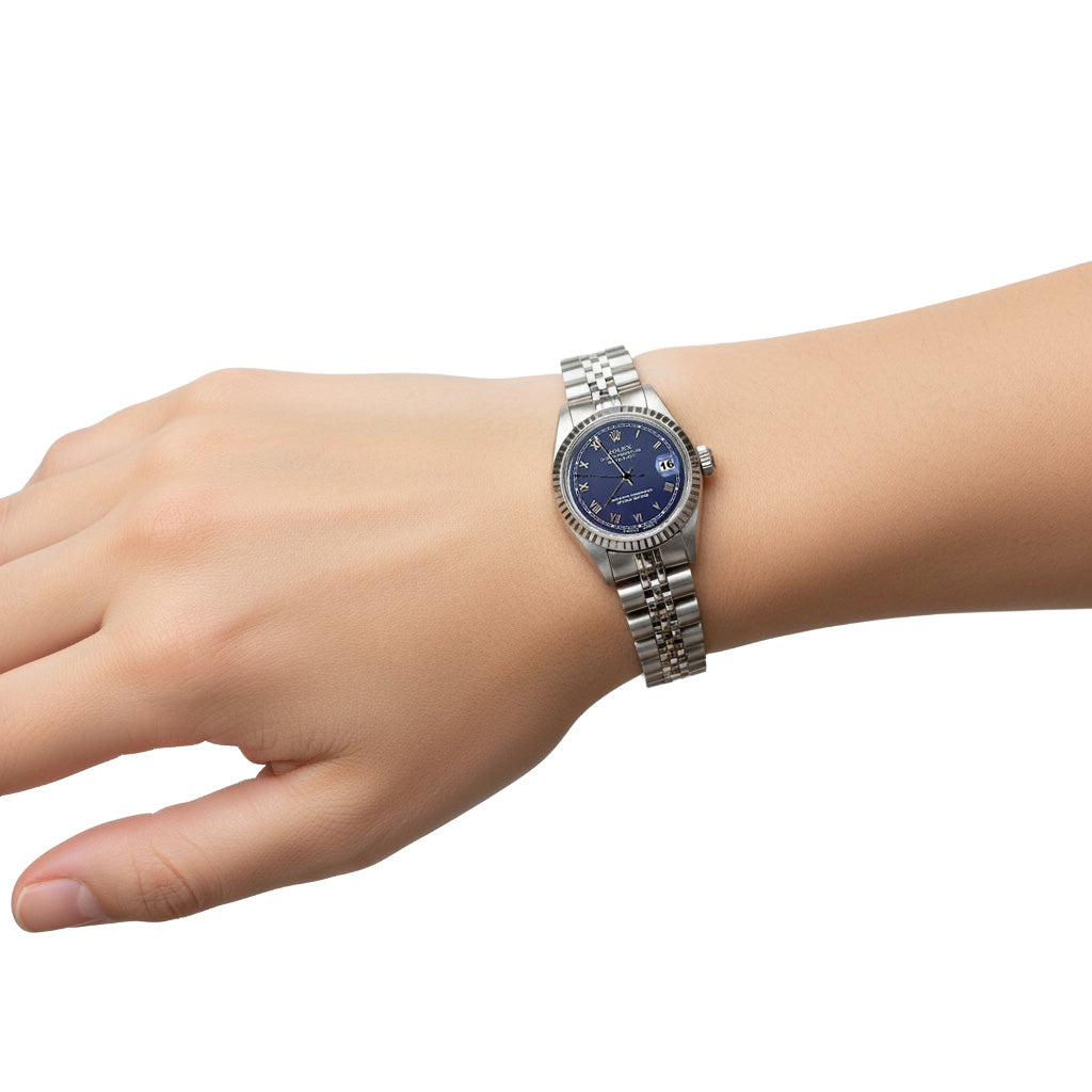 Blaues römisches Zifferblatt, geriffelte Lünette, Damen-Datumsuhr Just Rolex Betrachten Edelstahl P2