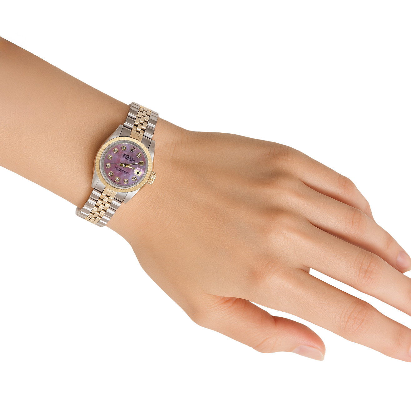 Burgunderrotes Diamantzifferblatt aus Edelstahl und goldene Jubilee Datejust-Damenuhr von Rolex P2