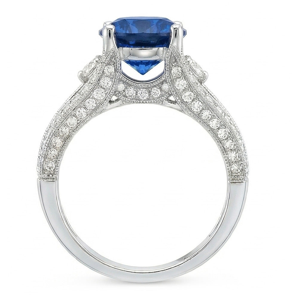 Ceylon Blauer Saphir mit Aus der Erde Abgebauter Natürlicher Diamanten Ring 4 Karat Weißgold 14K