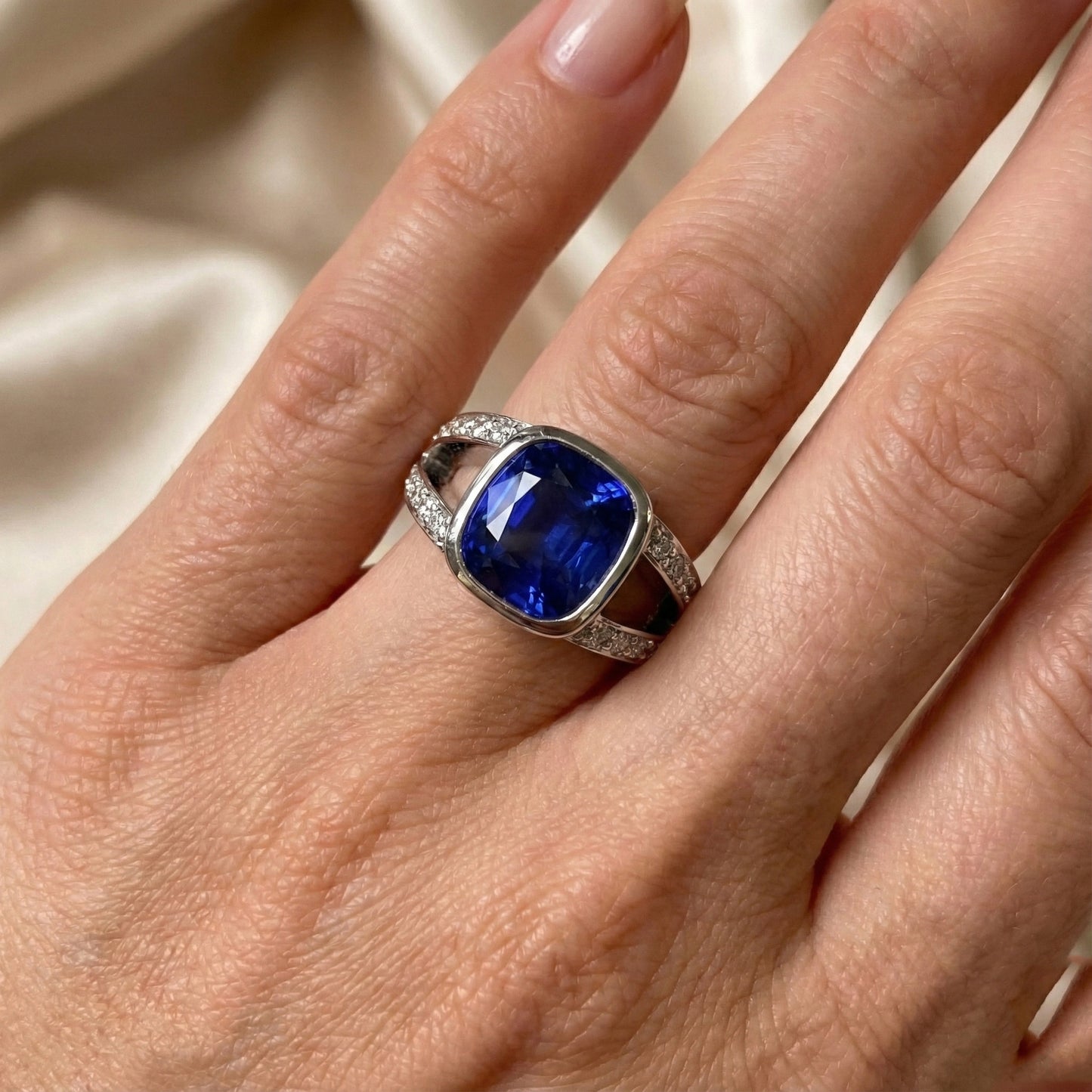 Ceylon-Saphir-Aus der Erde Abgebauter Natürlicher Diamant-Ring Weißgold 14K 4.5 Karat