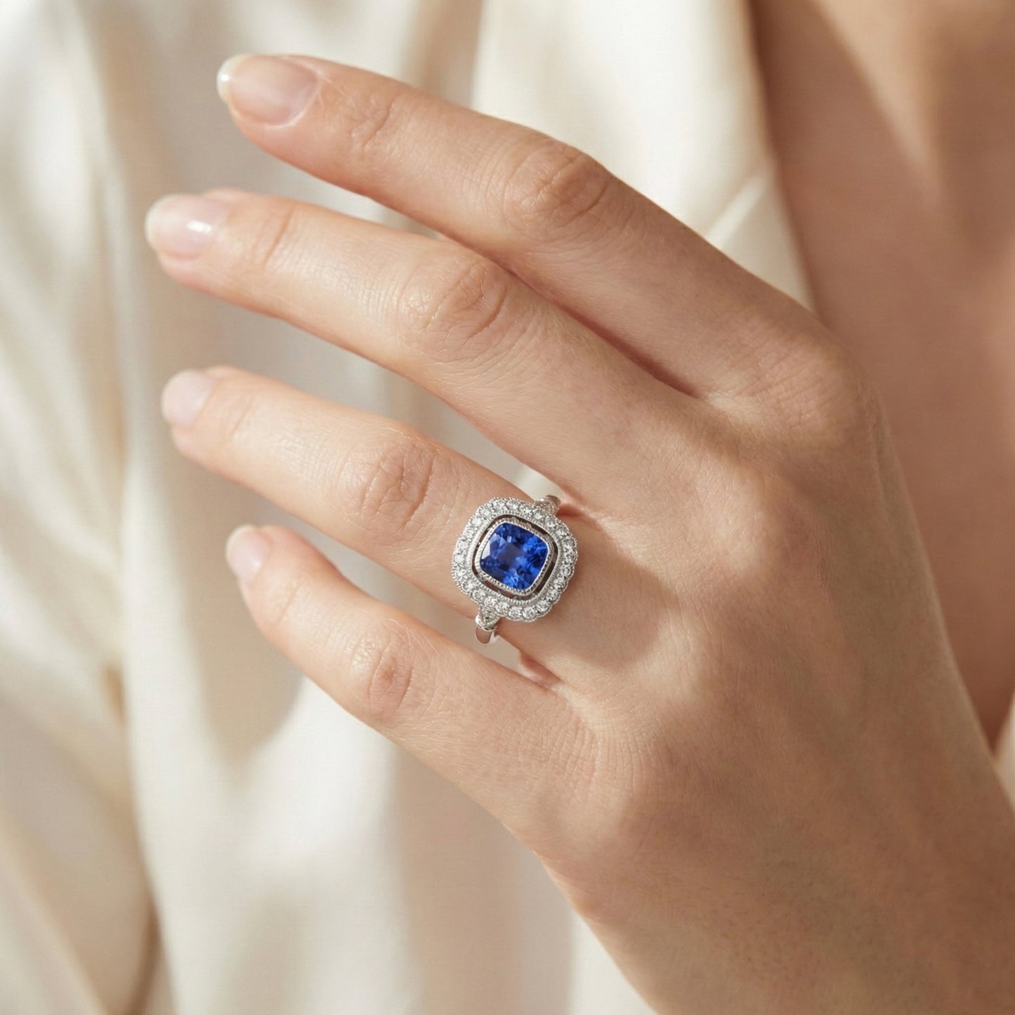 Ceylon Saphir und Aus der Erde Abgebauter Natürlicher Diamant Fancy Damenring Gold 14K 2 ct.