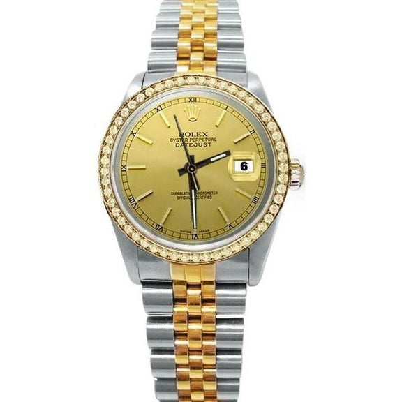 Champagner-Stock-Zifferblatt, Diamant-Lünette, Datumsanzeige, Rolex SCHNELLES SETZEN