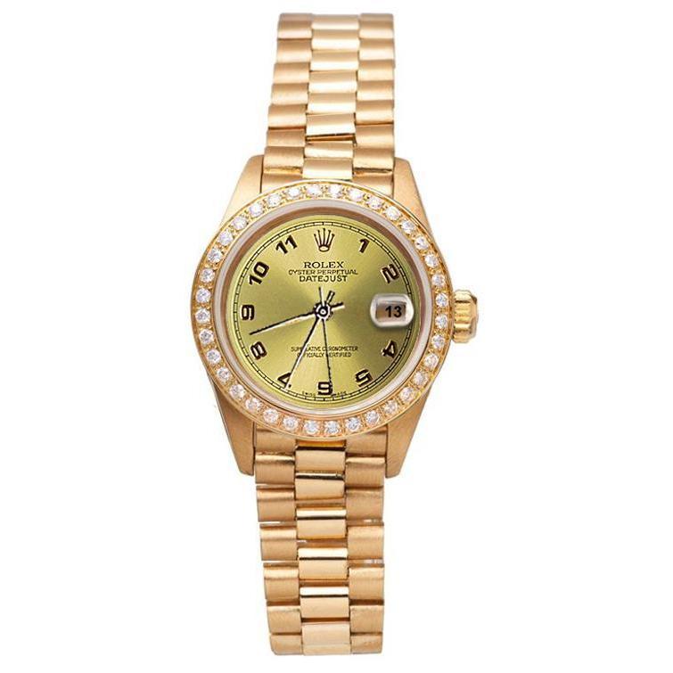 Champagnerfarbenes arabisches Zifferblatt, Rolex DateJust-Uhr, Gold, Präsidentin-Stil, Diamant