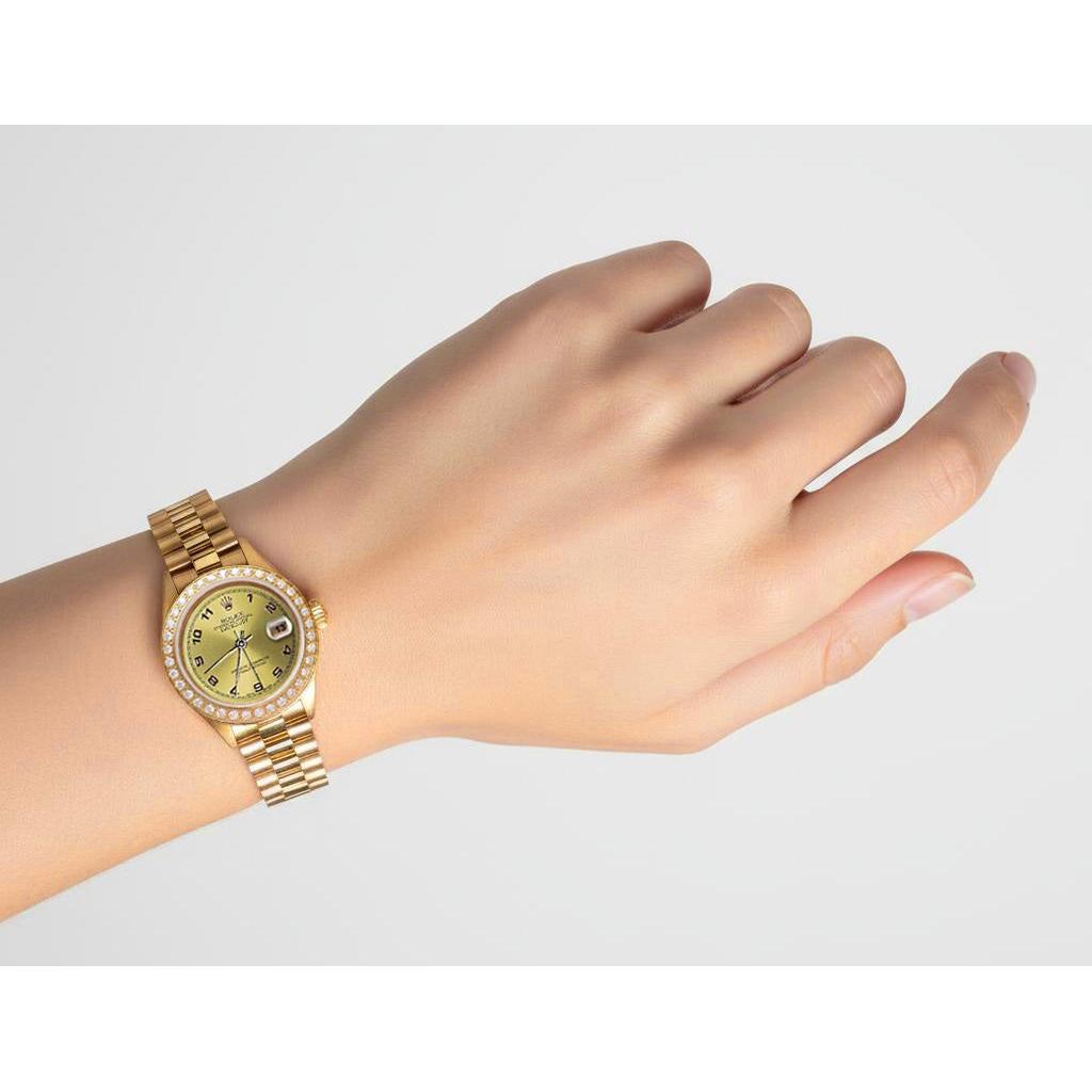 Champagnerfarbenes arabisches Zifferblatt, Rolex DateJust-Uhr, Gold, Präsidentin-Stil, Diamant P2