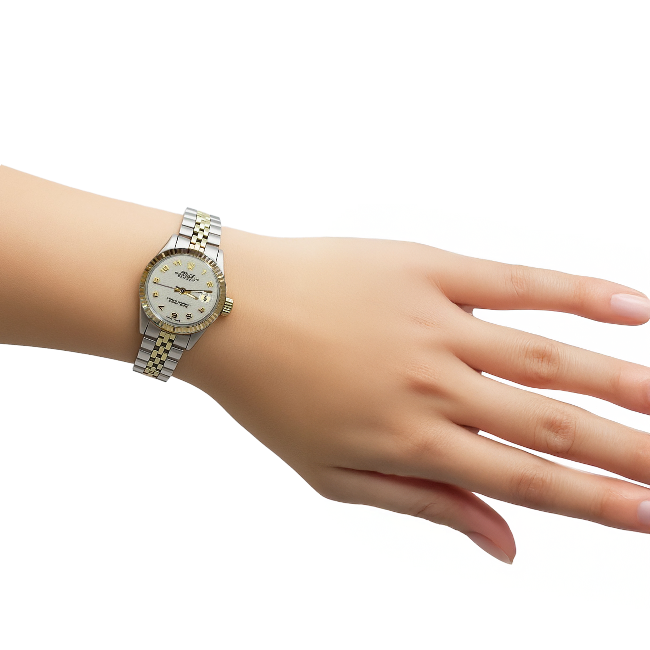 Dame Datejust Rolex-Uhr, weißes arabisches Zifferblatt, Edelstahl und Gold