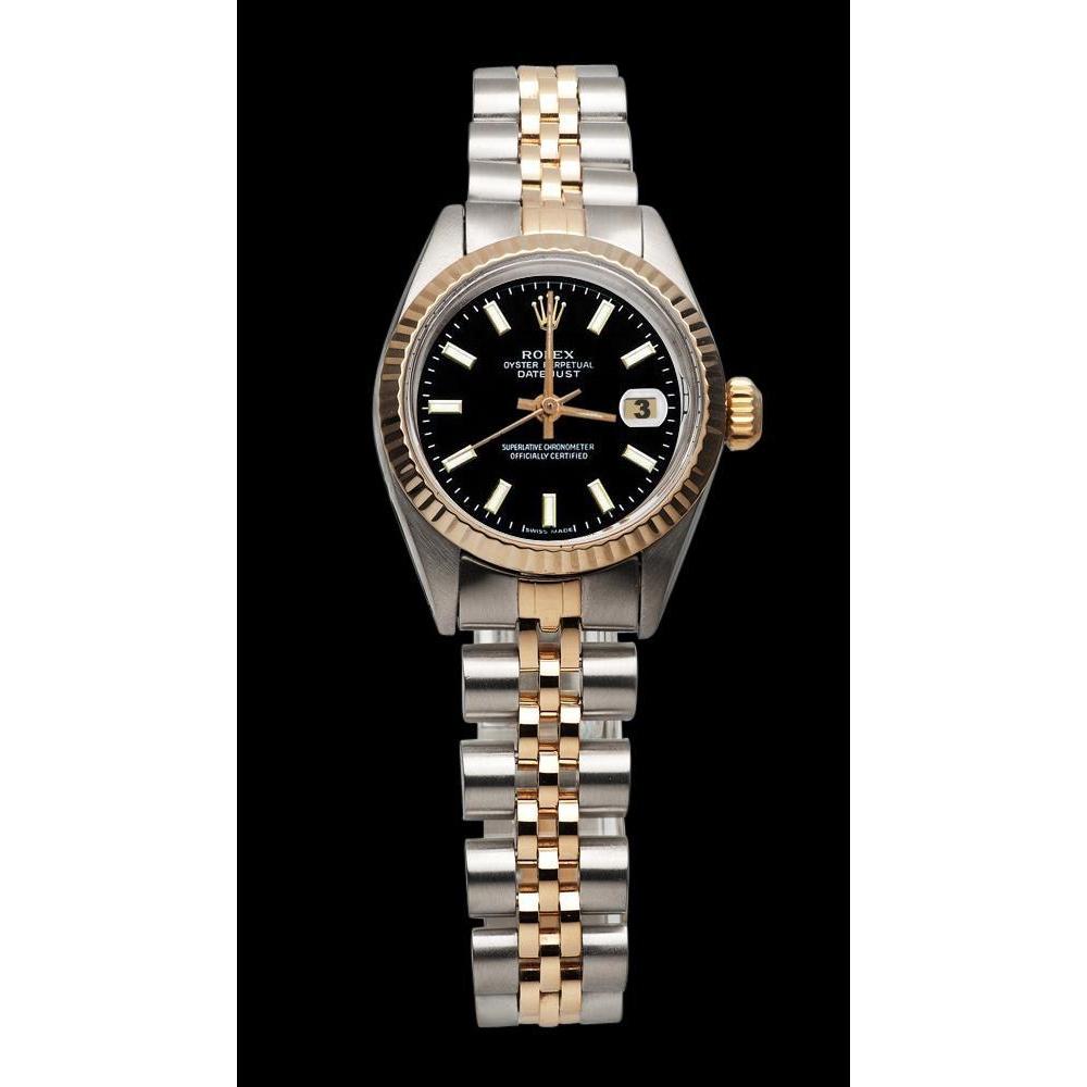 Dame Rolex Datejust 26 mm zweifarbige Uhr mit schwarzem Stick-Zifferblatt