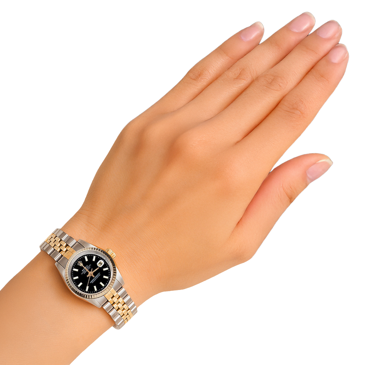 Dame Rolex Datejust 26 mm zweifarbige Uhr mit schwarzem Stick-Zifferblatt