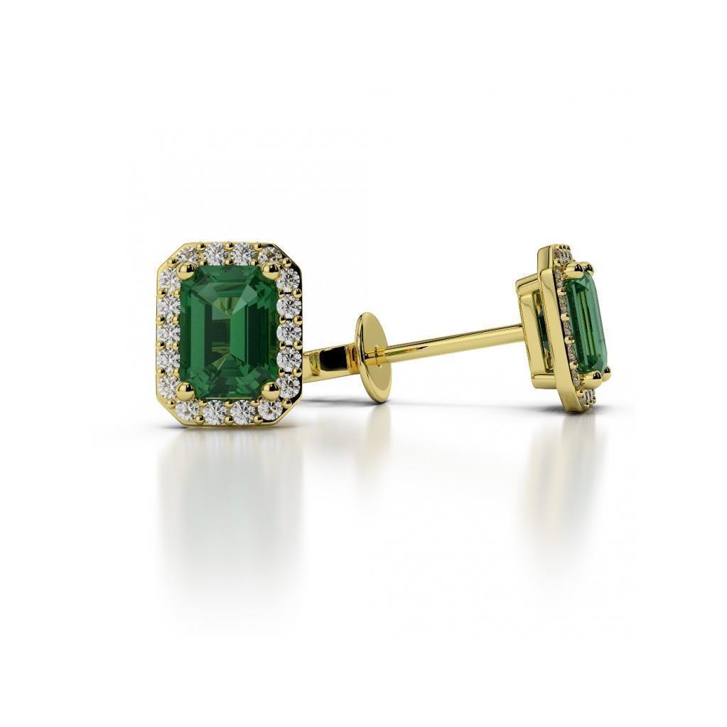Damen Ohrstecker Gelbgold 5,40 Ct Grün Smaragd Und Diamanten Halo