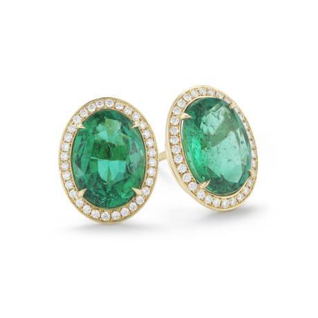 Damen Ohrstecker Halo Ohrringe 10.80 Karat Grün Smaragd Und Diamanten Yg 14K