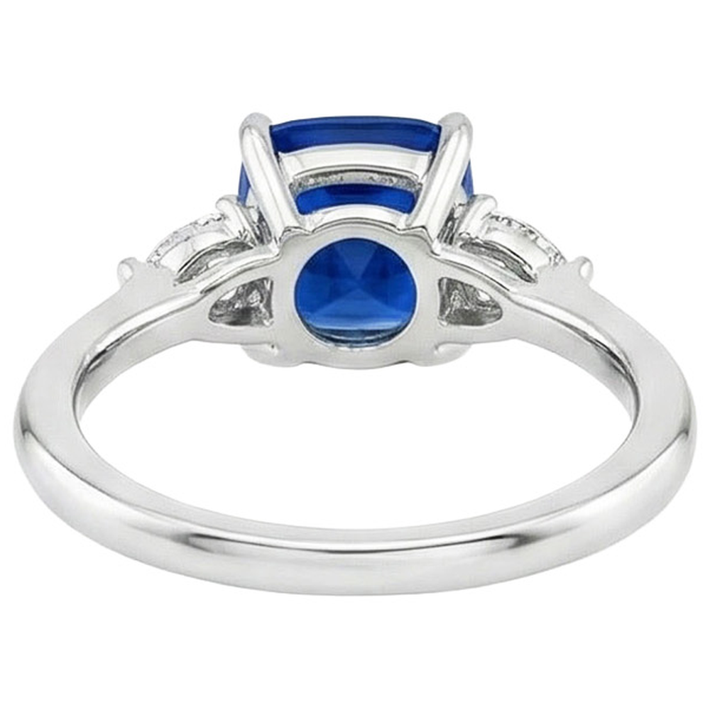 Damen Ring mit 3 Steinen Birne Aus der Erde Abgebauter Natürlicher Diamant & Kissen Blauer Saphir 2,50 Karat
