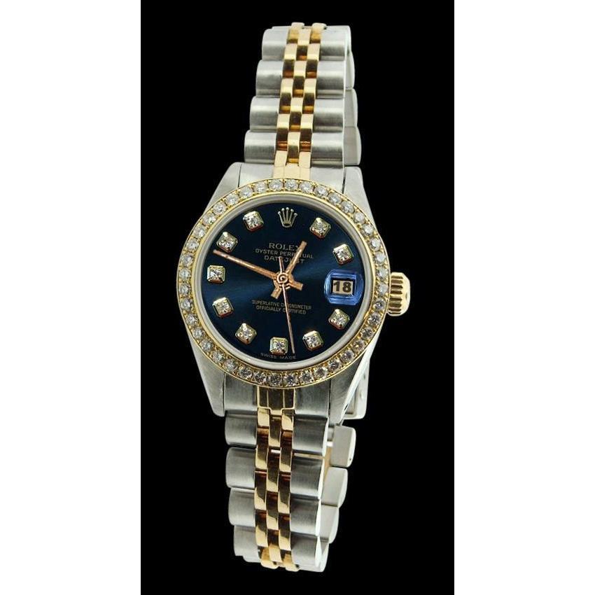 Damen-Rolexuhr Datejust Edelstahl & Gold mit blauem Diamant-Zifferblatt und Lünette