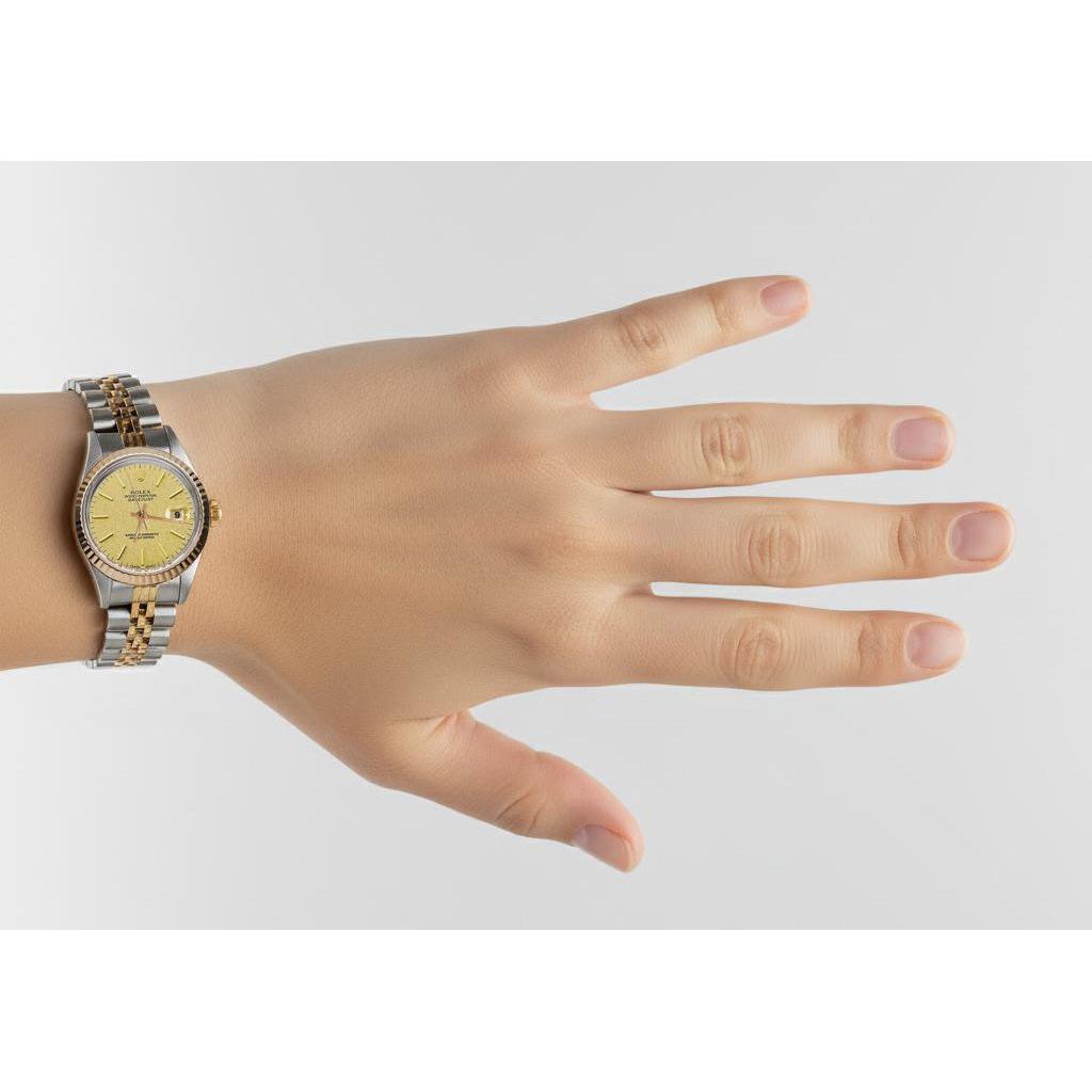 Damenuhr, Champagner-Zifferblatt, Rolex-Lünette, Gelbgold, Jubilee P2