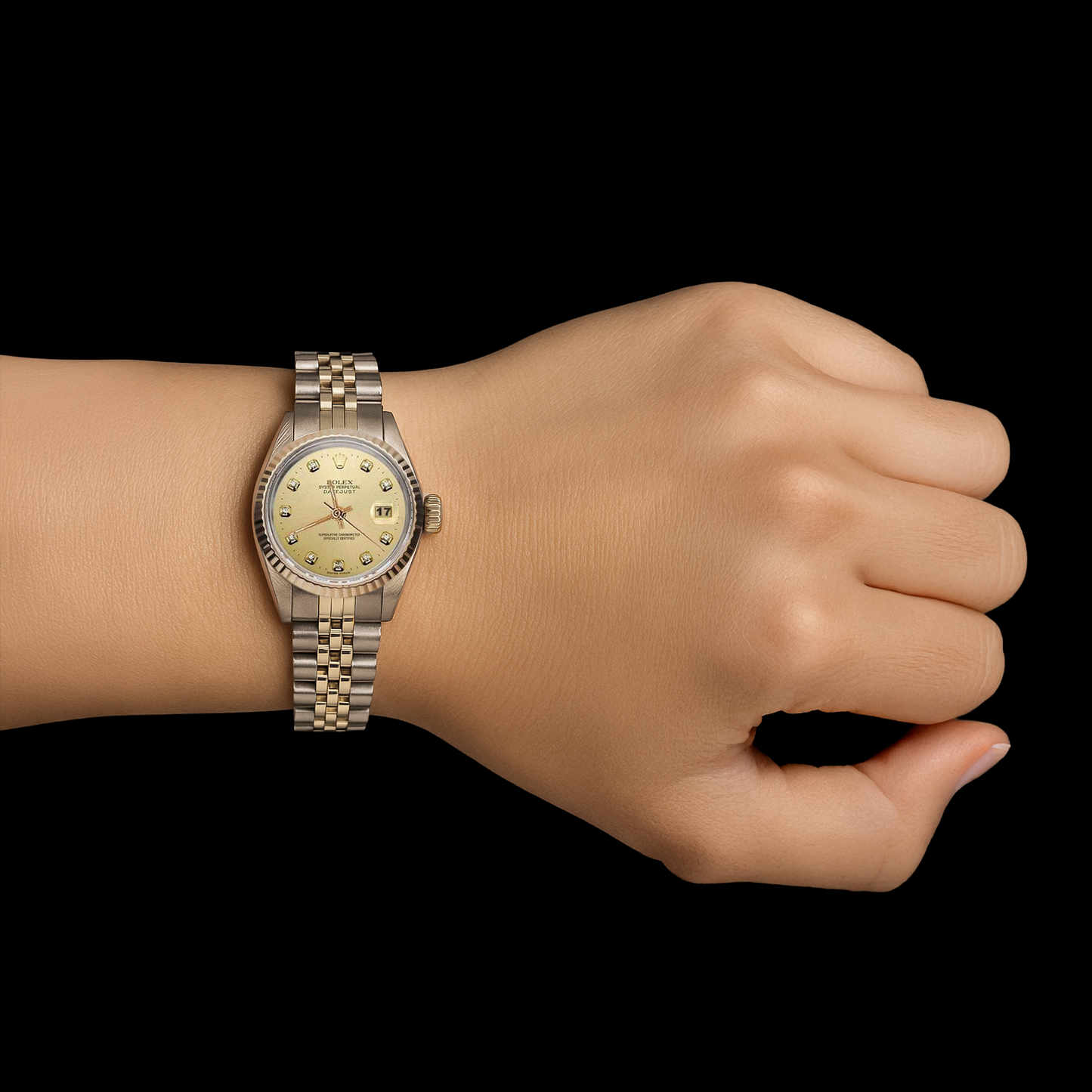 Damenuhr Rolex Datejust aus Gelbgold mit Jubilee-Armband und Zifferblatt