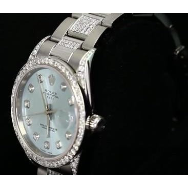 Date Rolex 34 mm UhrAusgefroren Brauch Diamant Blaues Zifferblatt Lünette-Edelstahl