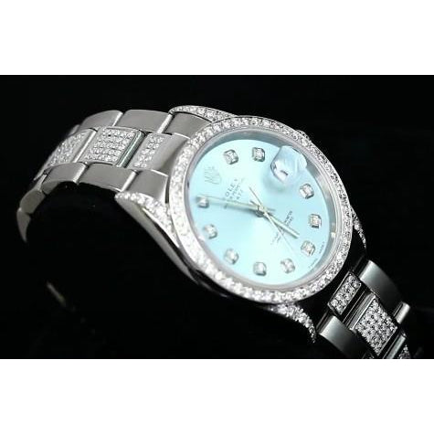 Date Rolex 34 mm UhrAusgefroren Brauch Diamant Blaues Zifferblatt Lünette Edelstahl2