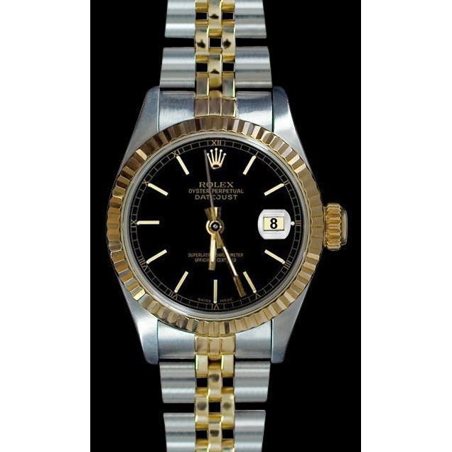 Datejust Dame Rolex-Uhr, schwarzes Zifferblatt, Edelstahl und Gelbgold