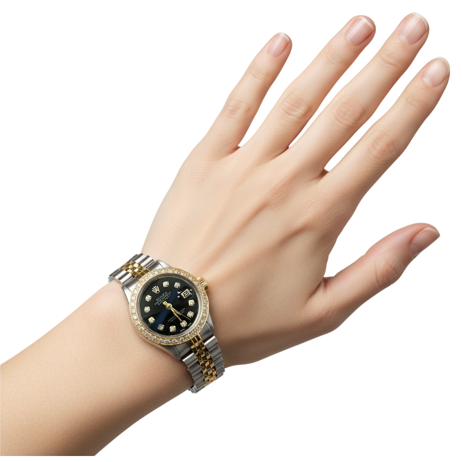 Datejust Damen-Rolexuhr mit schwarzem Diamant-Zifferblatt und goldenem Armband