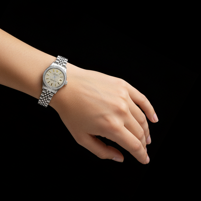 Datejust Rolex-Uhr, weißes Stock-Zifferblatt, Diamant-Lünette, Edelstahl-Jubiläum P2