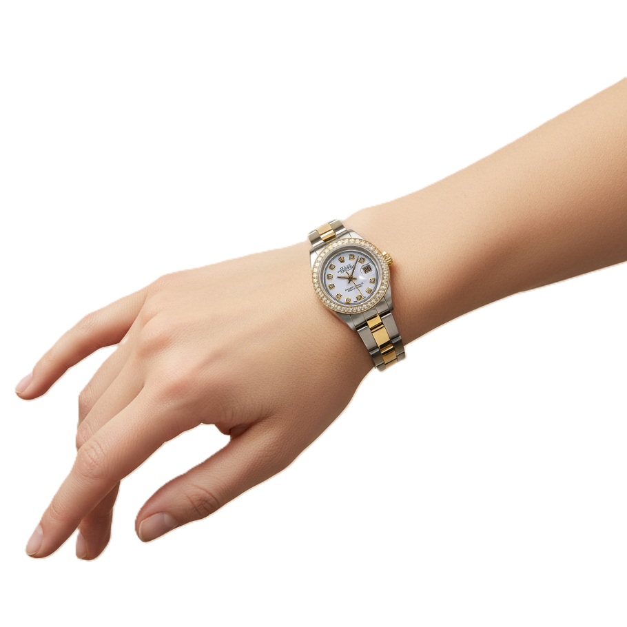 Datejust Rolex Damenuhr, zweifarbiges Oyster-Armband, Diamant-Zifferblatt P5