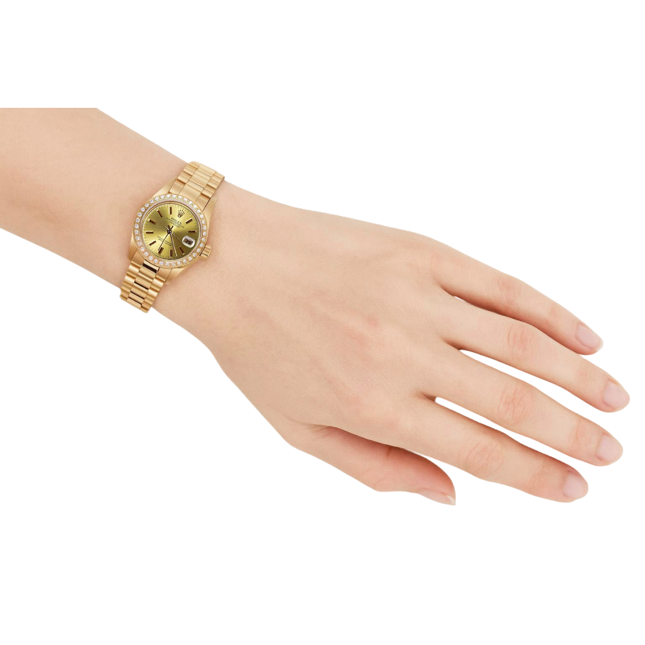 Datejust Rolex Diamant Lünette Präsidial Betrachten Champagner Stick-Zifferblatt Gold P2