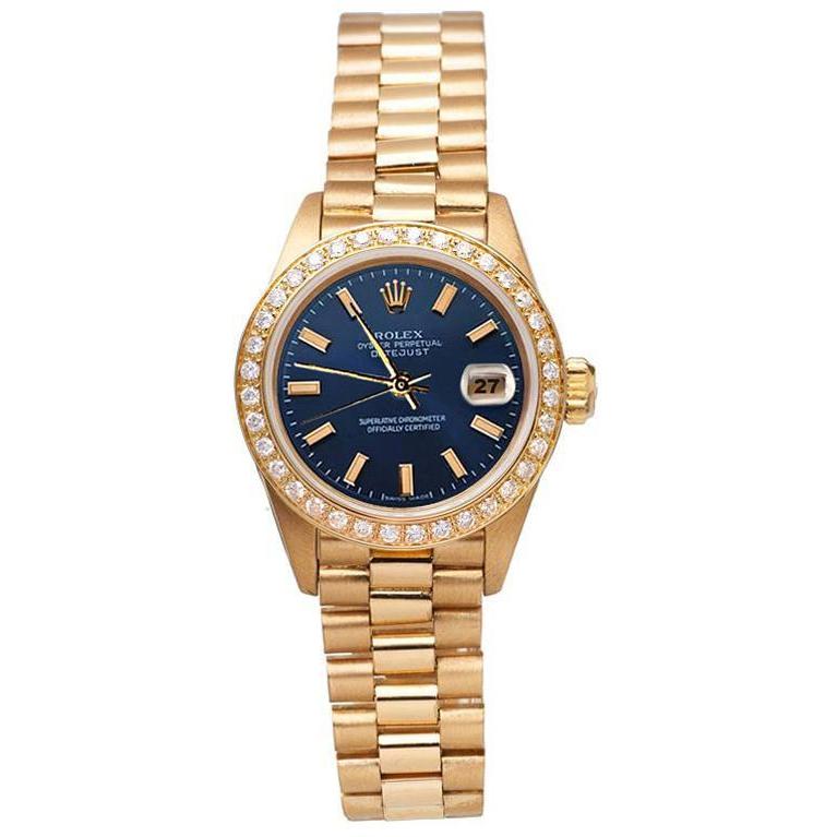 Datejust Rolex Präsidentenstil Uhr, blaues Stick-Zifferblatt, Diamantlünette