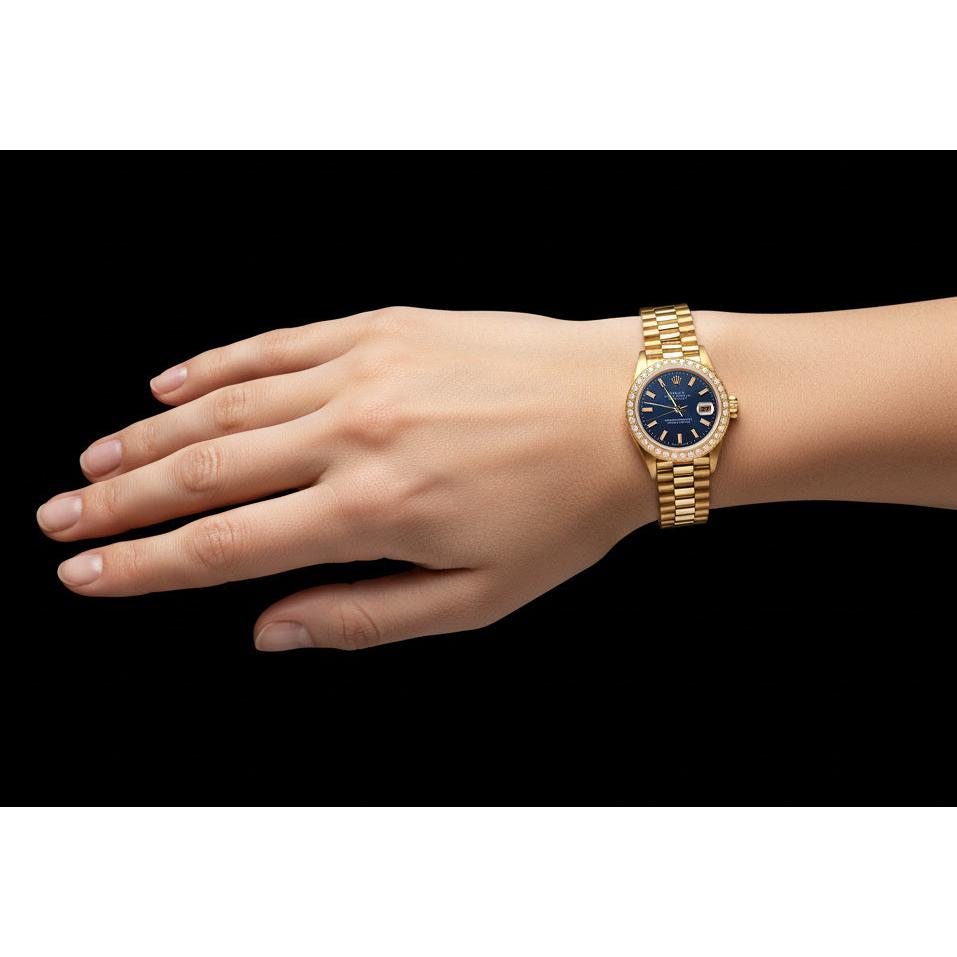 Datejust Rolex Präsidentenstil Uhr, blaues Stick-Zifferblatt, Diamantlünette P2