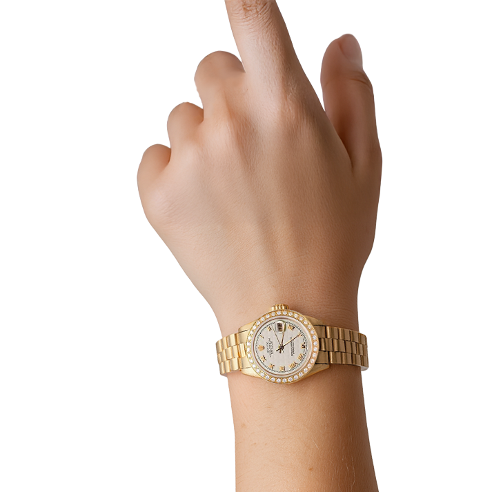 Diamant-Lünette, Pyramide, römisches Zifferblatt, Rolex Datejust-Uhr, Präsident-Stil, Gelbgold