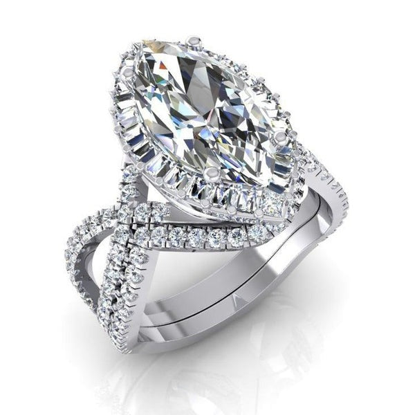 Diamant Ring 7 Karat Marquise Split Shank Halo Weiß Gold Schmuck