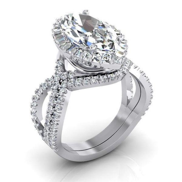 Diamant Ring 7 Karat Marquise Split Shank Halo Weiß Gold Schmuck