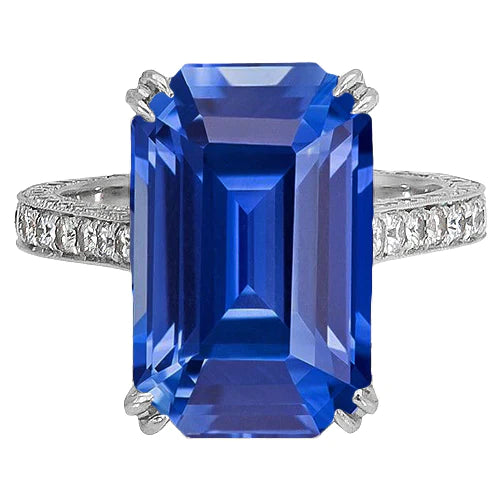 Diamantring im antiken Stil Smaragdblauer Saphir 8 Karat Pave Akzente