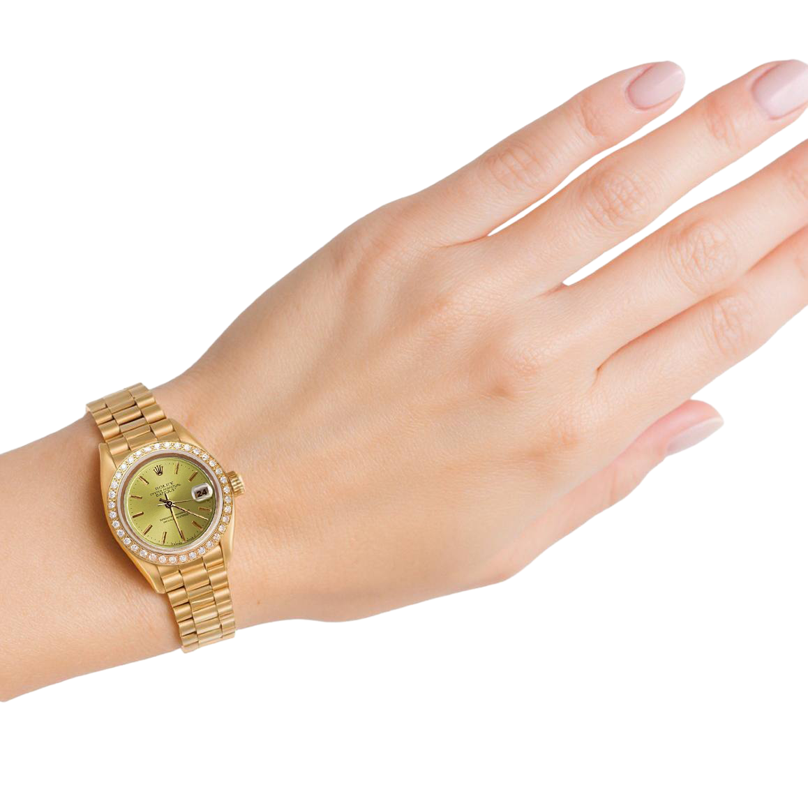 Diamantlünette, Champagner-Zifferblatt, Rolex-Uhr Date just Präsidial P2