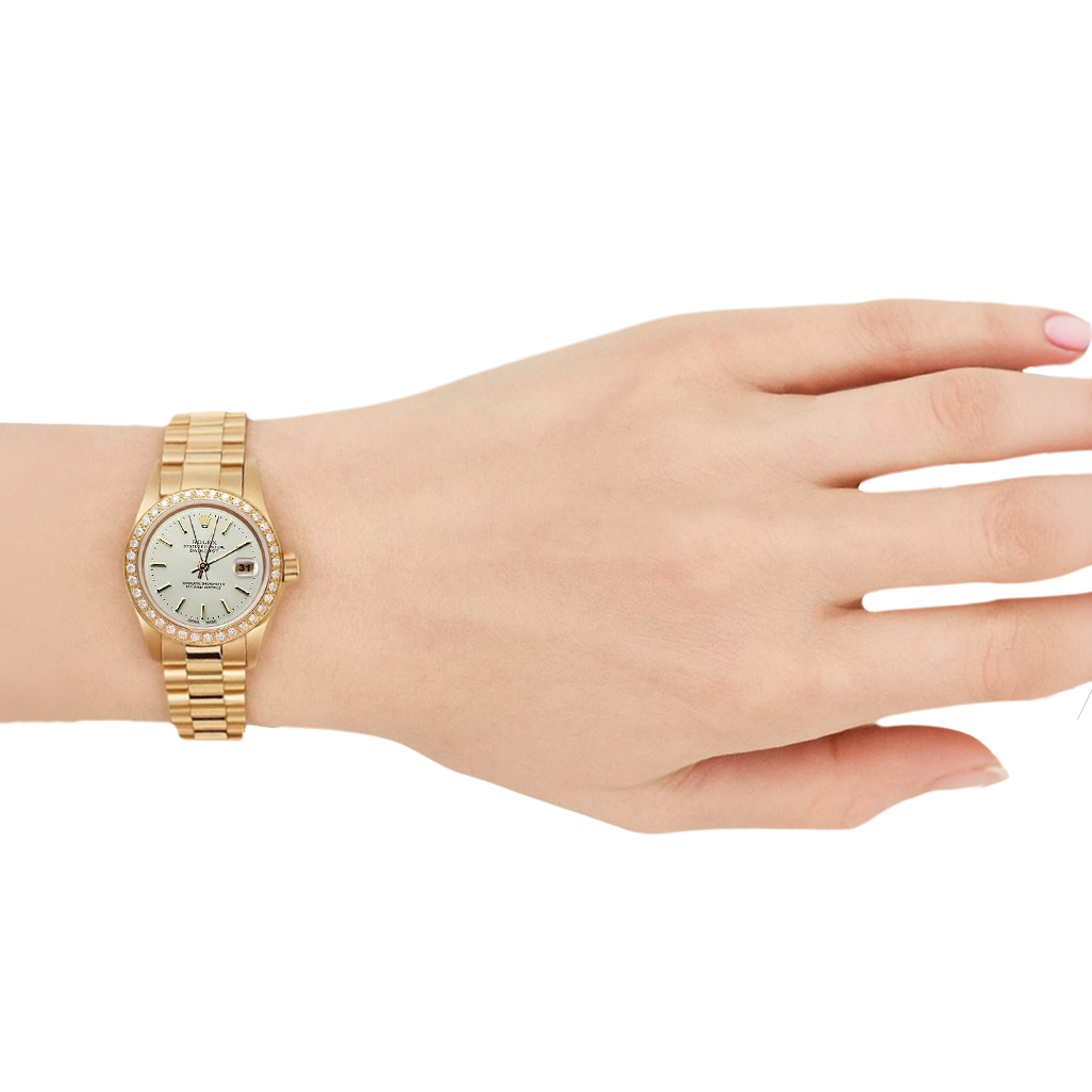 Diamantlünette Rolex Datejust Präsidentenstil Uhr Weißes Stickzifferblatt Gelbgold