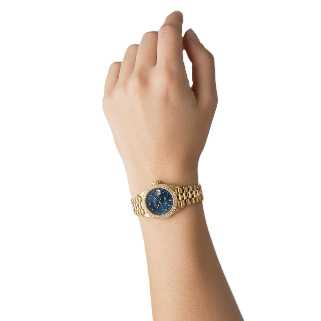 Diamantlünette, blaues römisches Zifferblatt, Rolex GelbgoldPräsidentenstil-Uhr Datejust P2