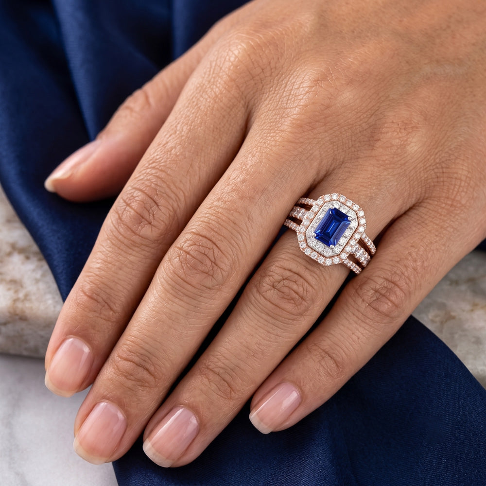 Doppelter Halo Blauer Saphir Edelstein Ehering 3 Karat