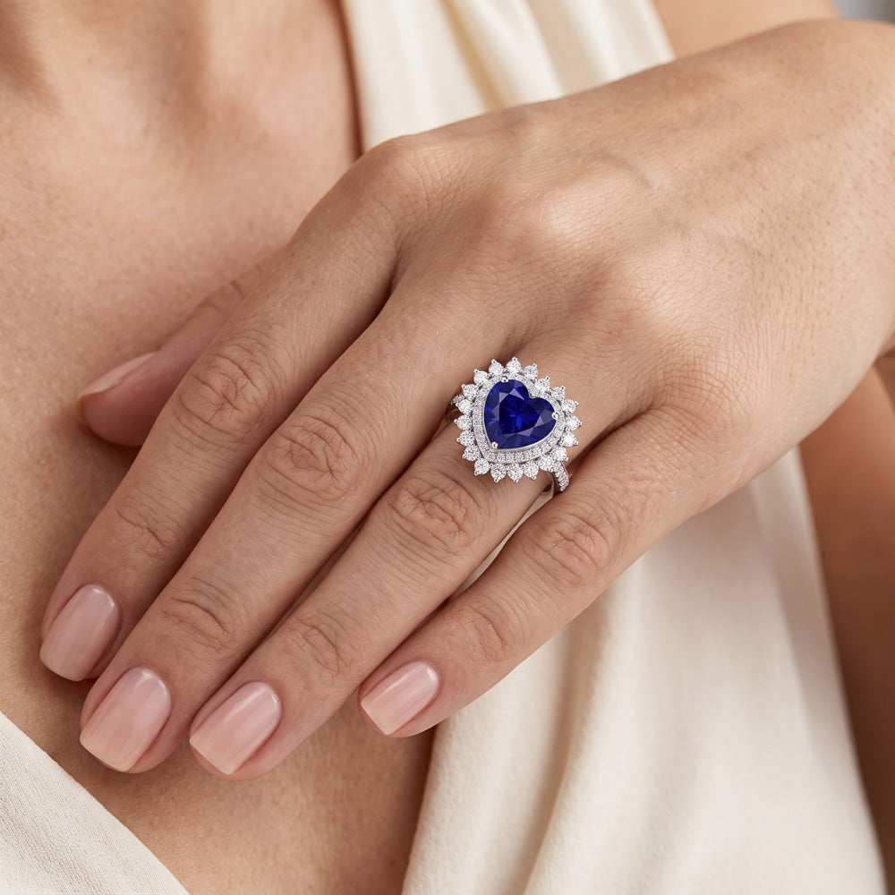 Doppelter Halo Herz Ceylon Saphir Ring Blumenstil 4 Karat