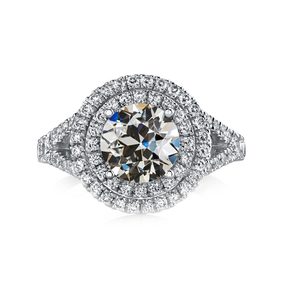 Doppelter Halo-Ring. rund. alter Bergmann. Echt Diamant. geteilter Schaft. 7 Karat