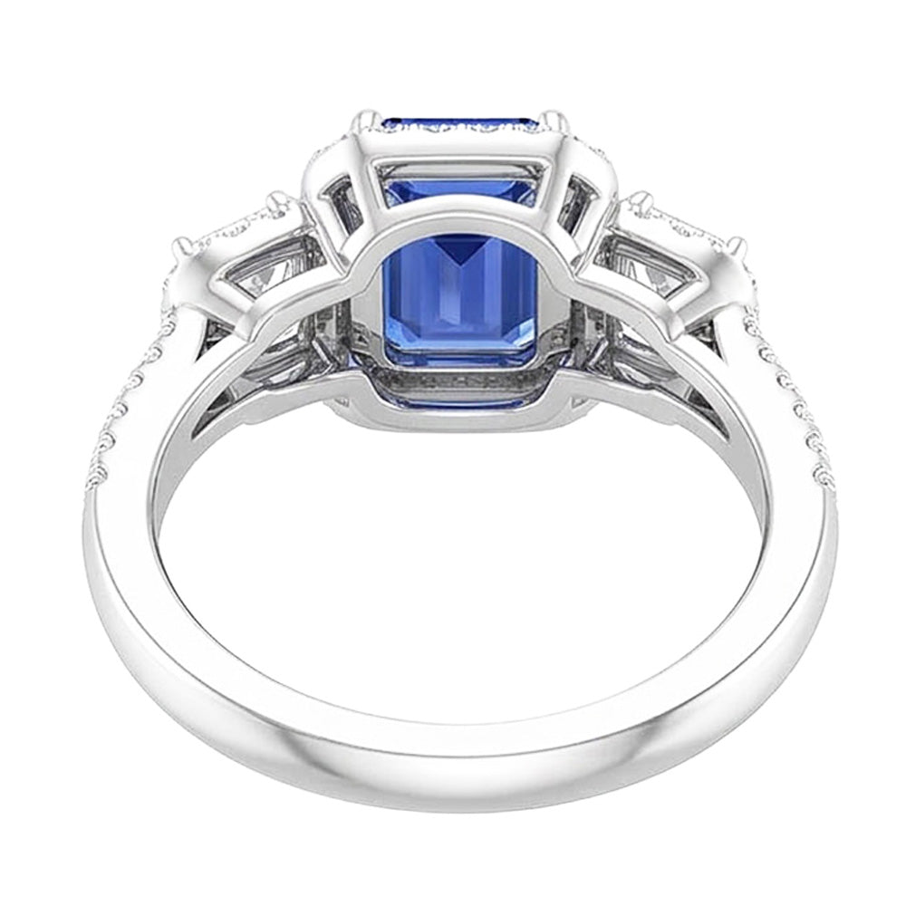 Doppelter Halo Smaragdschliff Ring Ceylon Saphir 4,50 Karat geteilter Schaft