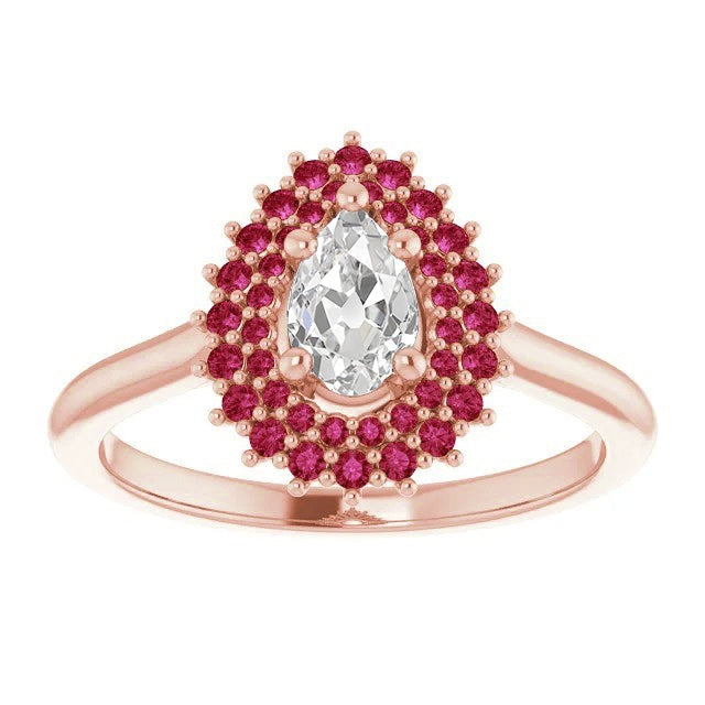 Double Halo Pear alter Bergmann Echt Diamantring Runde Rubine 3.50 Karat