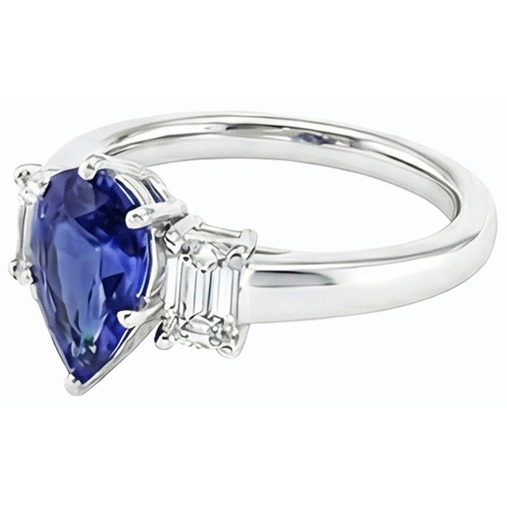 Drei-Steine-Ring Birne SriLanka Saphir 2 Karat & Smaragddiamanten