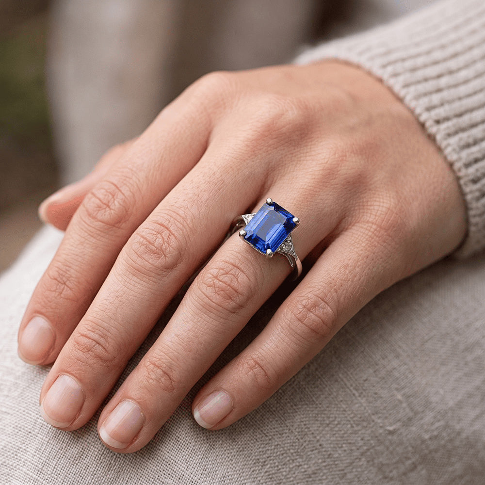 Drei-Steine-Ring Smaragd Sri Lanka Saphir & Aus der Erde Abgebauter Natürlicher Diamant 3,50 Karat