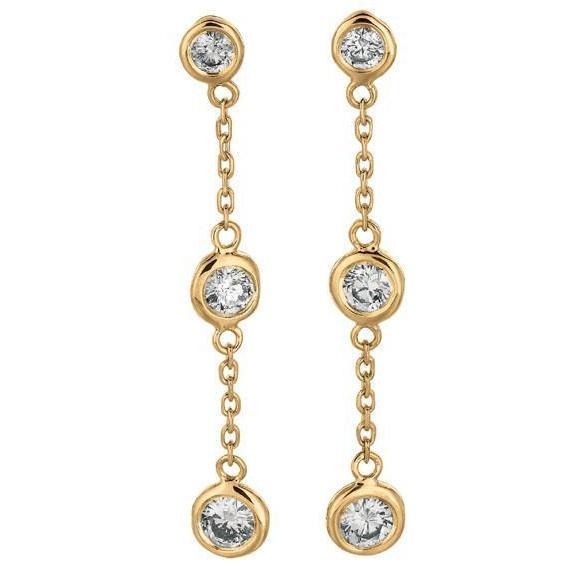 Drop Down Lünette Ohrringe Runder Echt Brillantdiamant 2 Kt. Gelbgold 14K