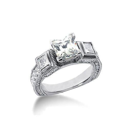 Echt Aus der Erde Abgebauter Natürlicher Diamant 2,51 ct. 3 Steine Antik-Stil Verlobungsring Weißgold 14K