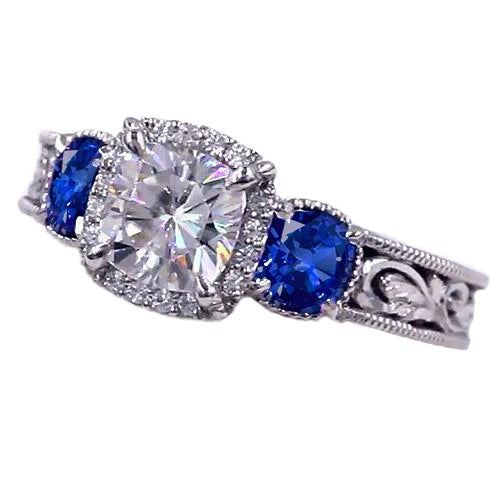 Echt Diamant Ring Antiker Stil 3 Karat Blaues Saphirmuster Milgrain