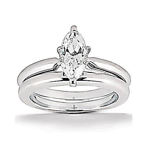 Echt Diamant-Verlobungs-Solitärring-Band-Set 1,25 Karat Marquise WG 14K