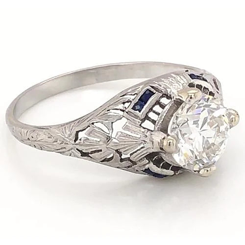 Echt Diamantring im antiken Stil 1,50 Karat Blauer Saphir Weißgold 14K