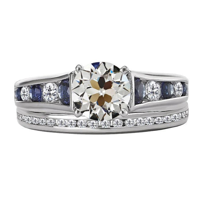 Echt Ehering-Set Altschliff-Aus der Erde Abgebauter Natürlicher Diamant & Ceylon-Saphir-Schmuck 5,50 Karat