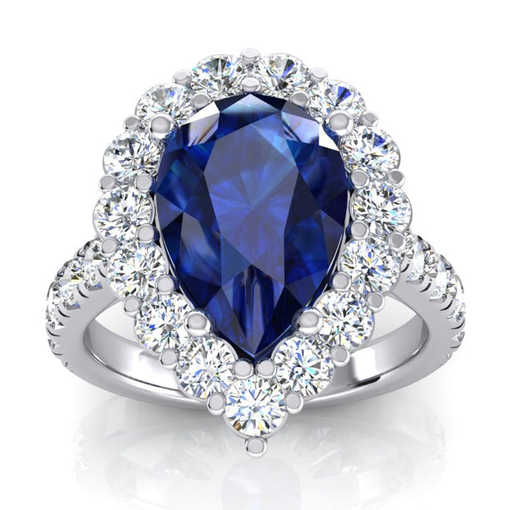 Echter Halo-Edelstein-Ring, Birnenblauer Saphir, Gold-Damenschmuck, 8 Karat