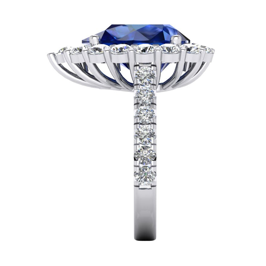 Echter Halo-Edelstein-Ring, Birnenblauer Saphir, Gold-Damenschmuck, 8 Karat