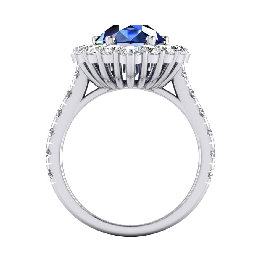 Echter Halo-Edelstein-Ring, Birnenblauer Saphir, Gold-Damenschmuck, 8 Karat