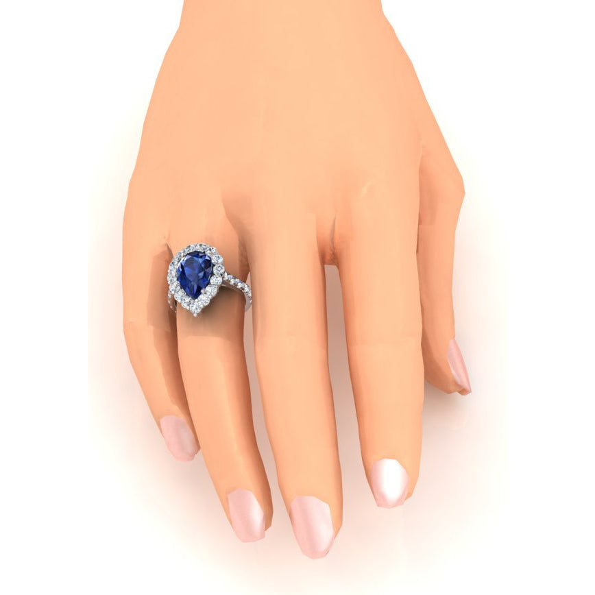 Echter Halo-Edelstein-Ring, Birnenblauer Saphir, Gold-Damenschmuck, 8 Karat